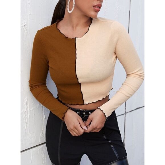 3/$15 SHEIN Two Tone Lettuce Trimmed Long Sleeve Cropped Ribbed Top Size Medium - Picture 13 of 15